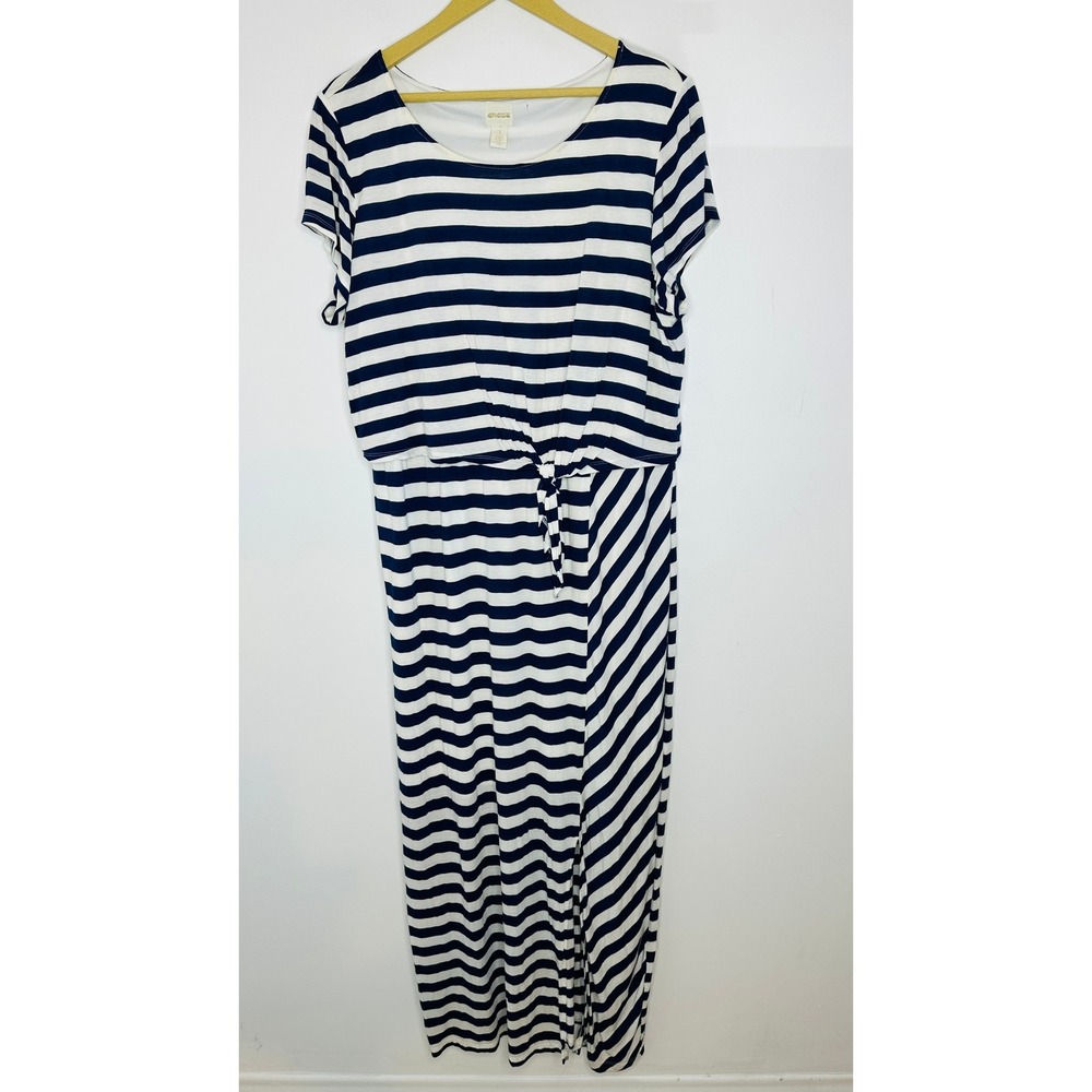 Chico's Striped‎ Maxi Dress Womens XL / 16 Blue White Nautical Coastal Classic